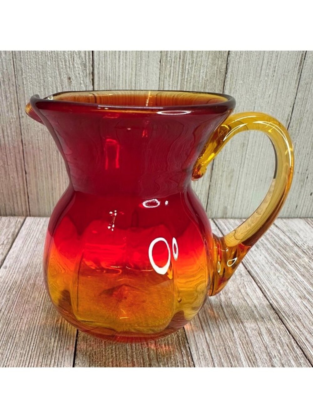 Vtg Amberina Style Hand Blown Art Glass Creamer Red Yellow Handle 4" T Two Tone
